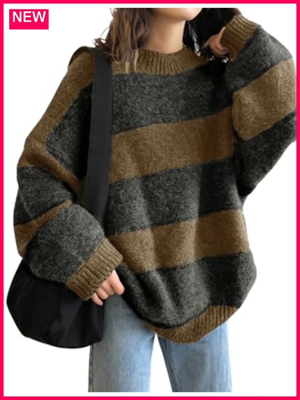 Women's Oversized Striped Long Sleeve Knit Pullover Sweater Crewneck